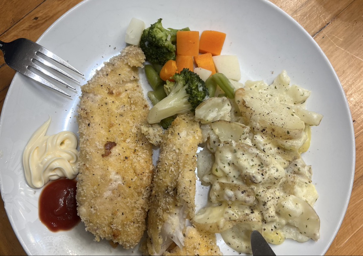 Crumbed Snapper with Roasted Potatoes and Mixed Vegetables